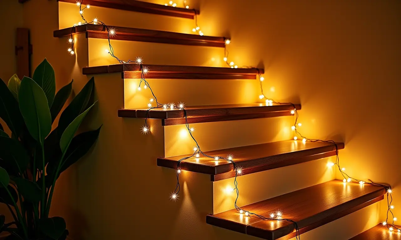 Escada iluminada com pisca-pisca.