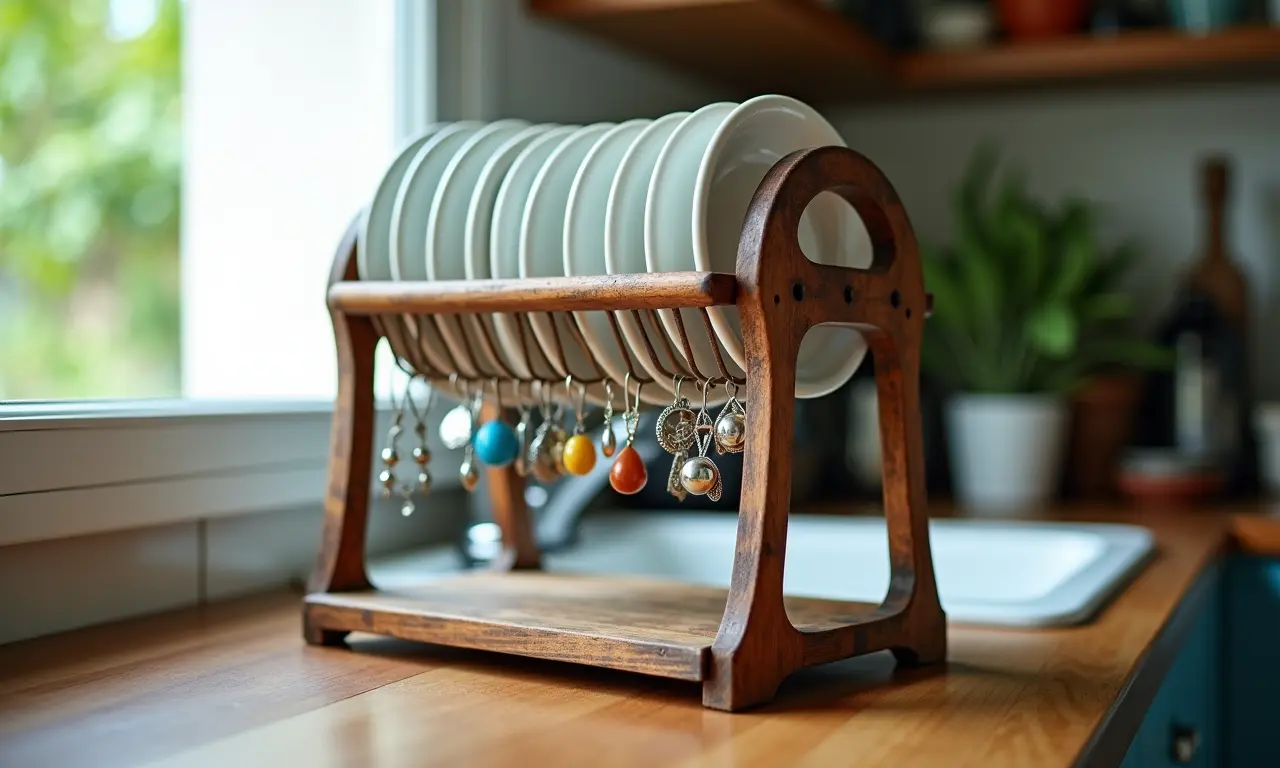 Escorredor de pratos como organizador de brincos.