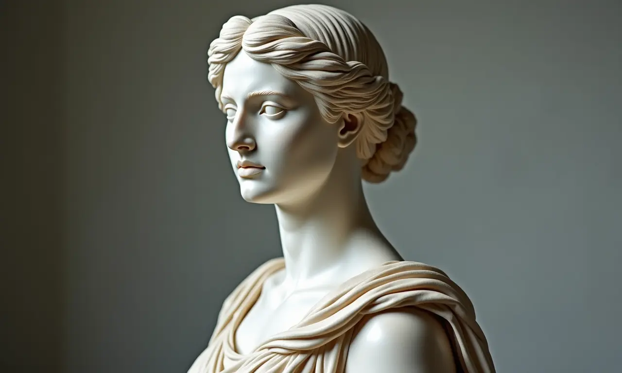 Escultura clássica de mulher, estilo grego, representando a beleza ideal da antiguidade.