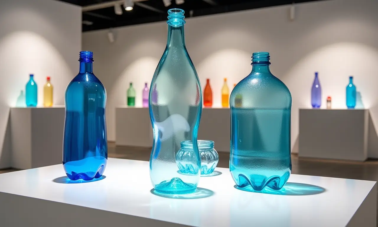 Esculturas artísticas feitas de garrafas PET recicladas.