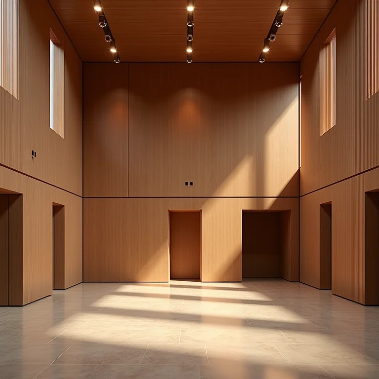 Espaço com pé direito duplo e painéis acústicos para melhor qualidade sonora.