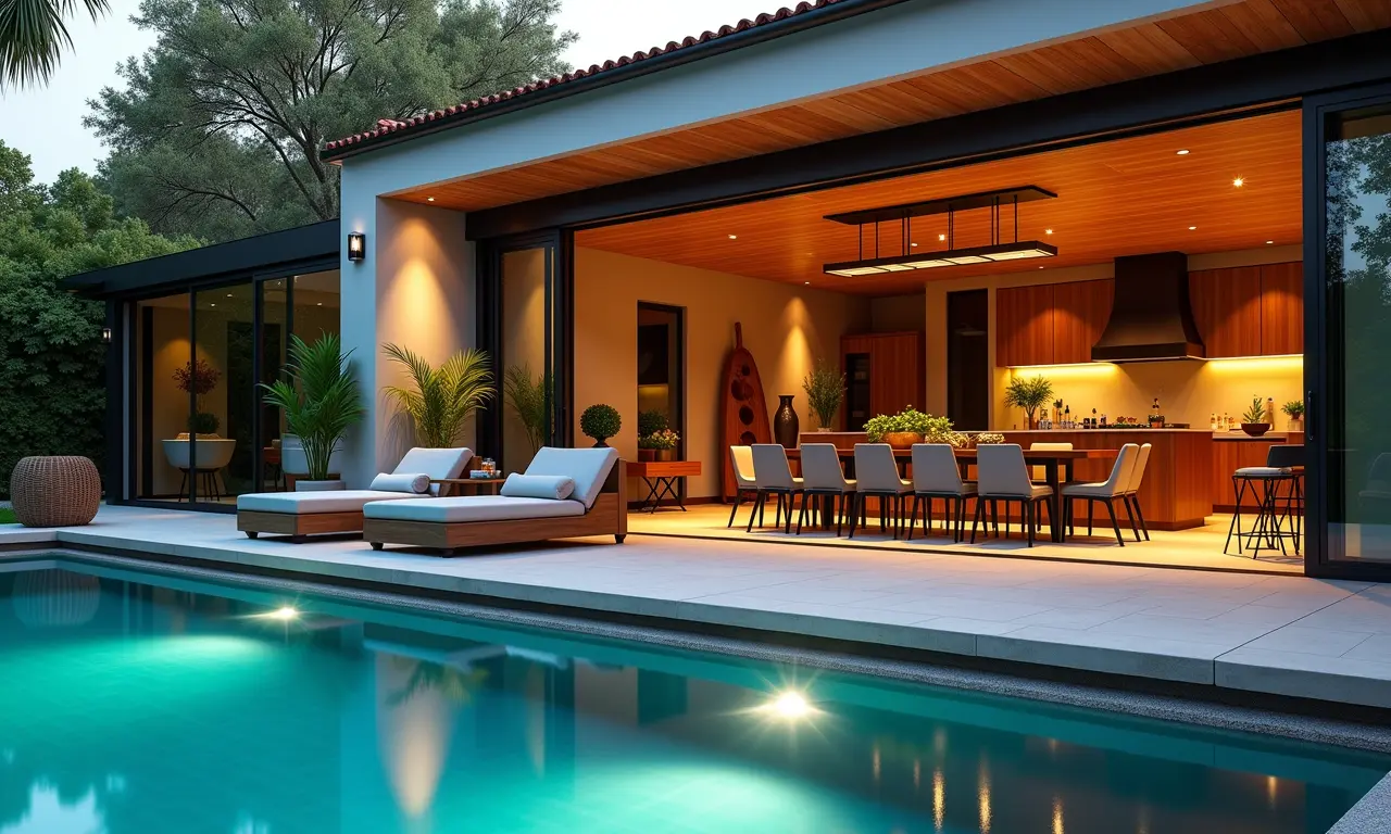 Espaço gourmet integrado à área da piscina.