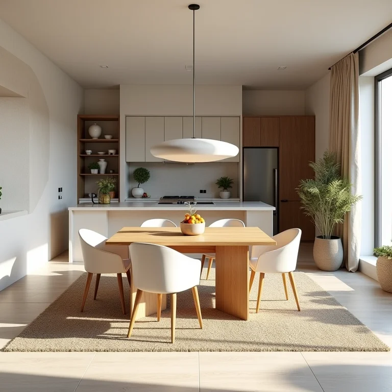 Espaços integrados com delimitação sutil entre sala de jantar e cozinha