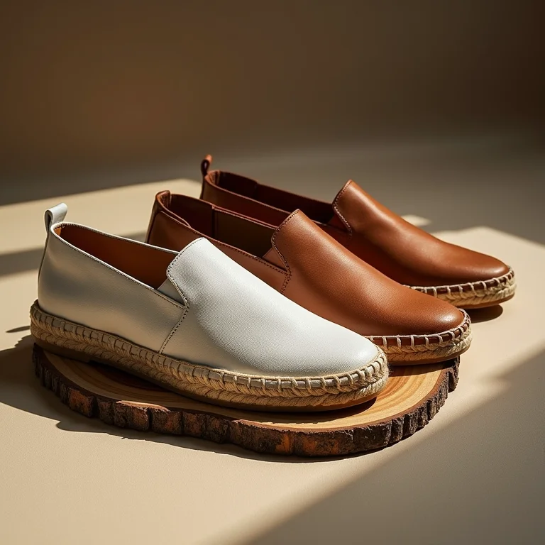 Espadrilles, sandálias e tênis dispostos sobre prancha de madeira