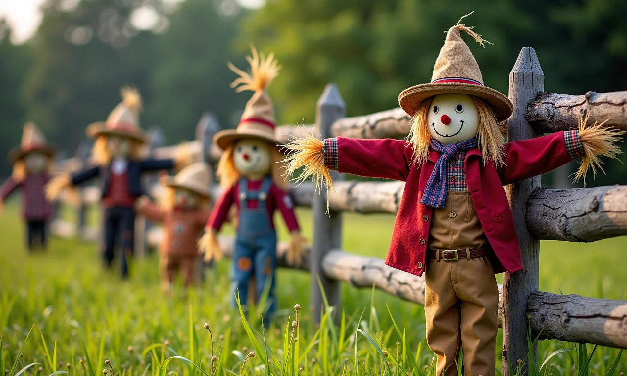 Espantalhos decorativos em um campo, representando a zona rural.