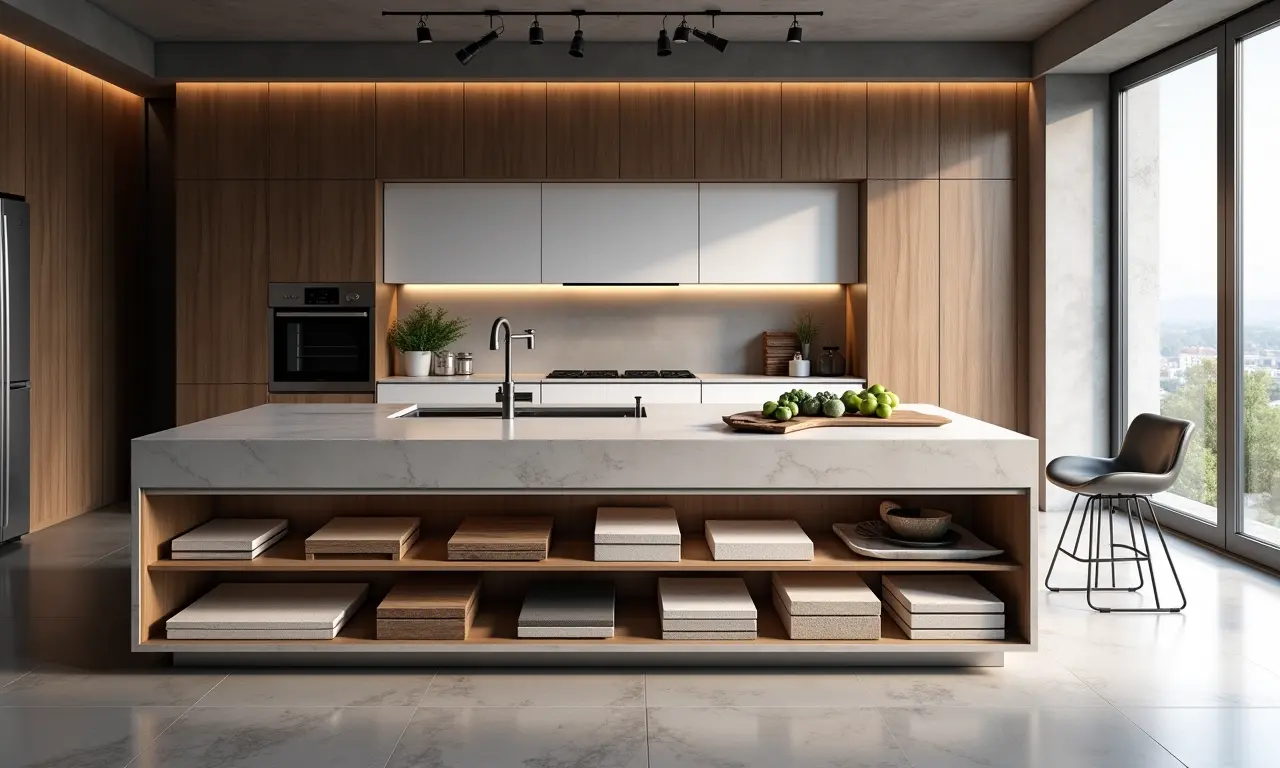 Especialista em design de interiores apresentando opções de materiais para cozinha americana.