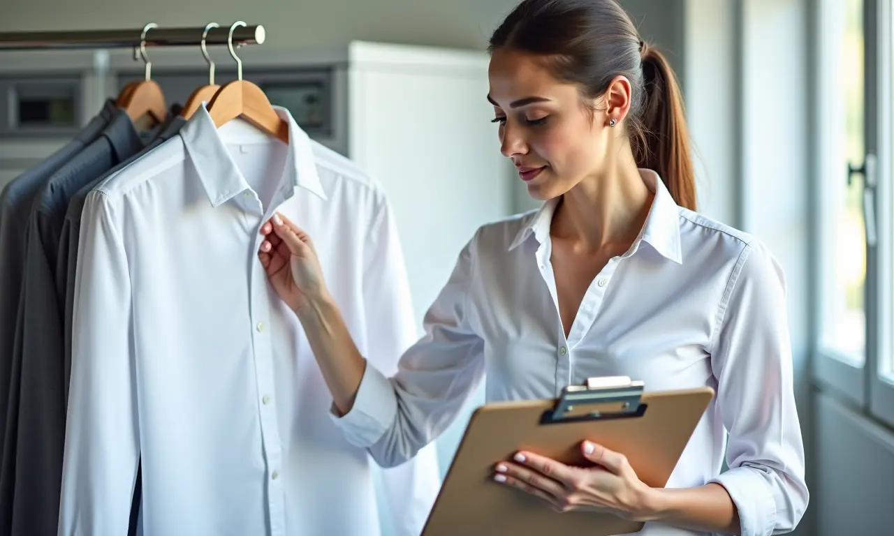 Especialista inspecionando camisa branca sem manchas.