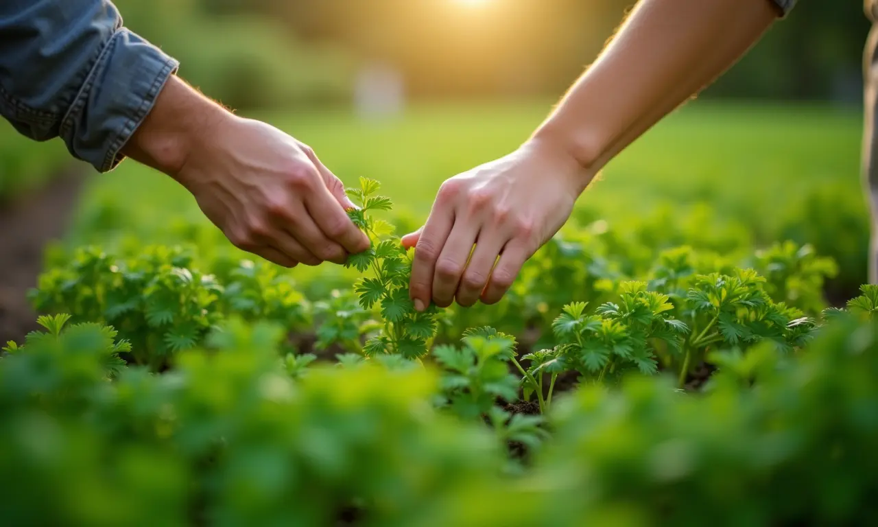 Especialista verificando o crescimento da salsinha.
