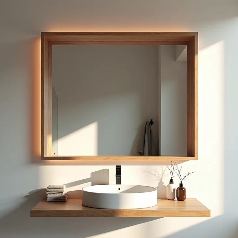 Espelho com moldura de madeira para banheiro