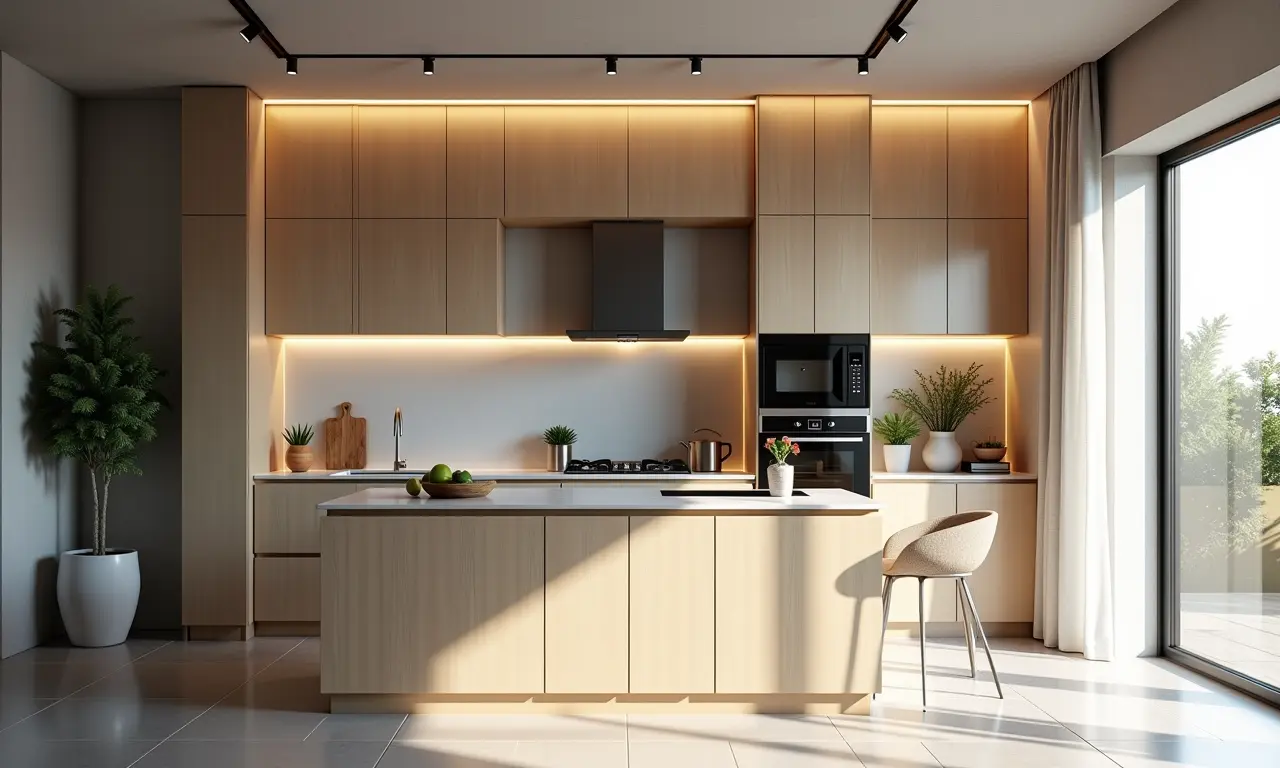 Espelho como backsplash em cozinha pequena, ampliando visualmente o espaço.