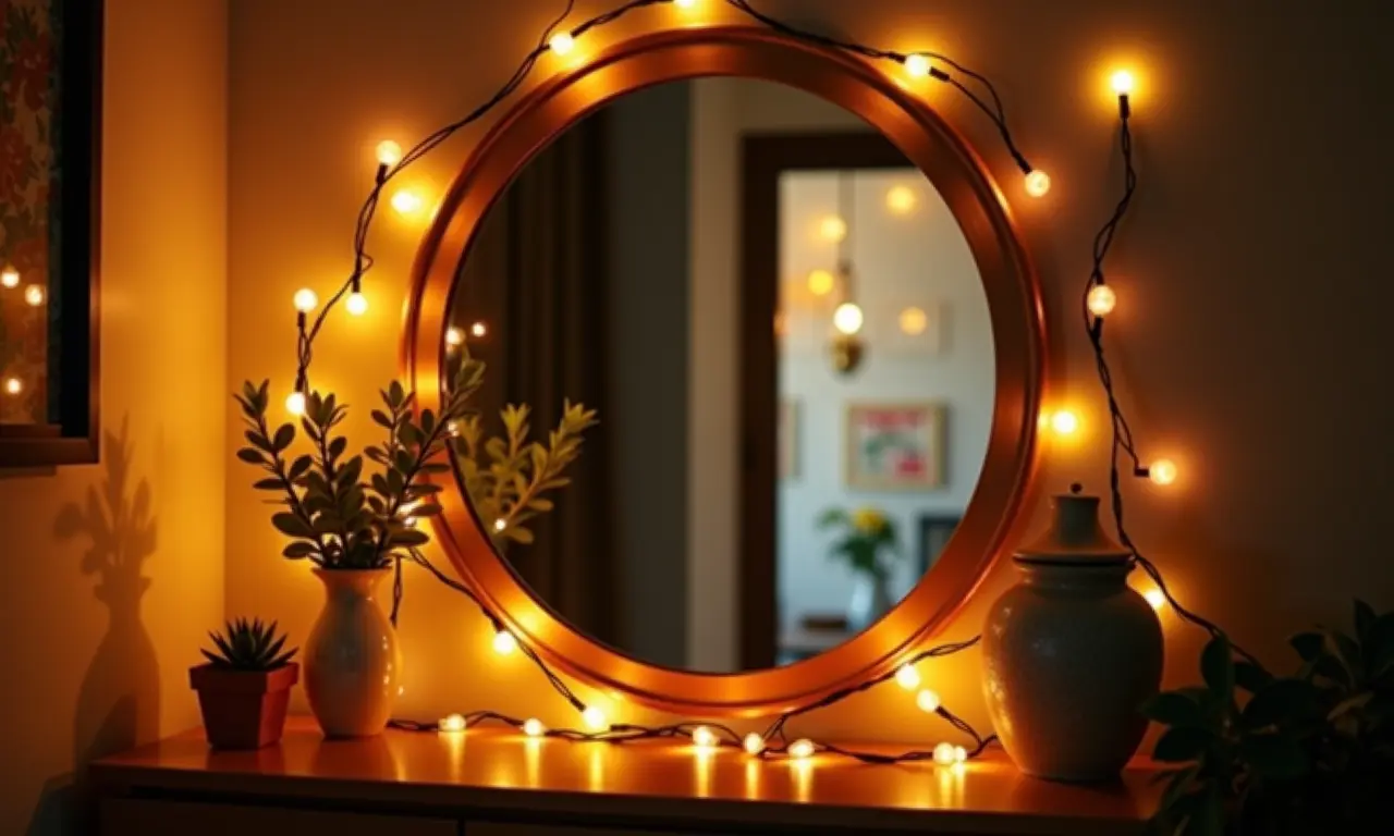 Espelho decorado com pisca-pisca.