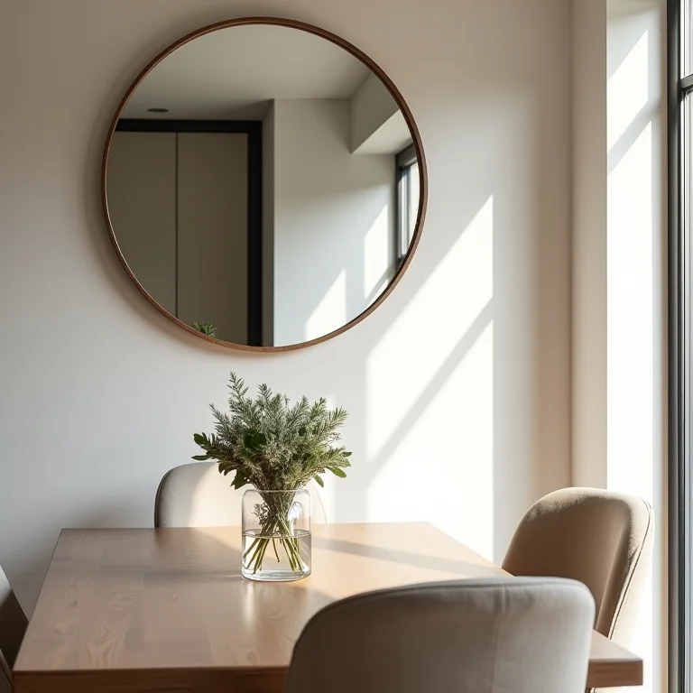 Espelho estrategicamente posicionado para refletir a luz natural na sala de jantar