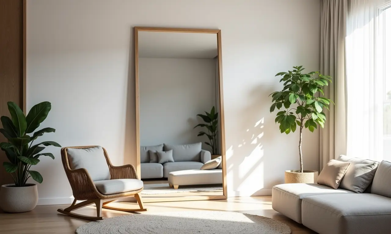 Espelho grande em sala de estar ampliando e iluminando o ambiente.