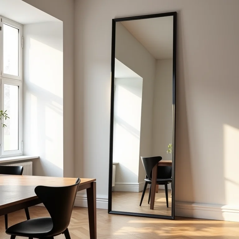 Espelho grande em sala de jantar pequena, ampliando o espaço