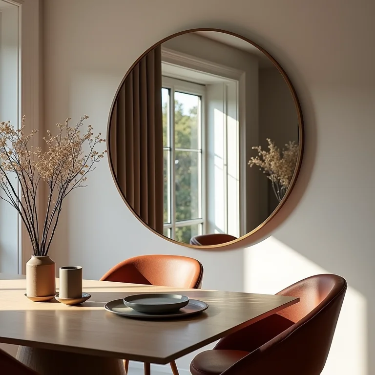Espelho redondo com moldura estilosa em sala de jantar moderna