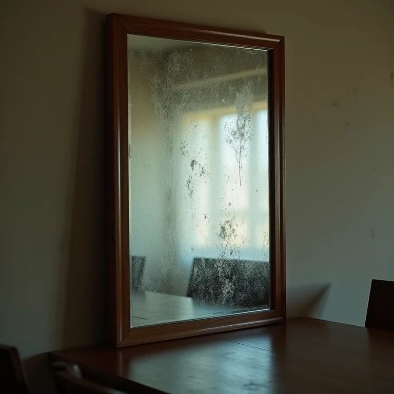 Espelho sujo na sala de jantar.