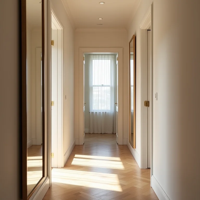 Espelhos em corredor de apartamento pequeno para ampliar o espaço.