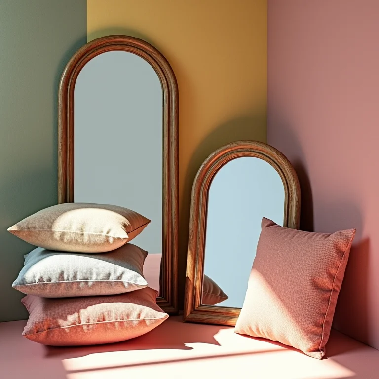 Espelhos, molduras e almofadas de segunda mão em composição vibrante.
