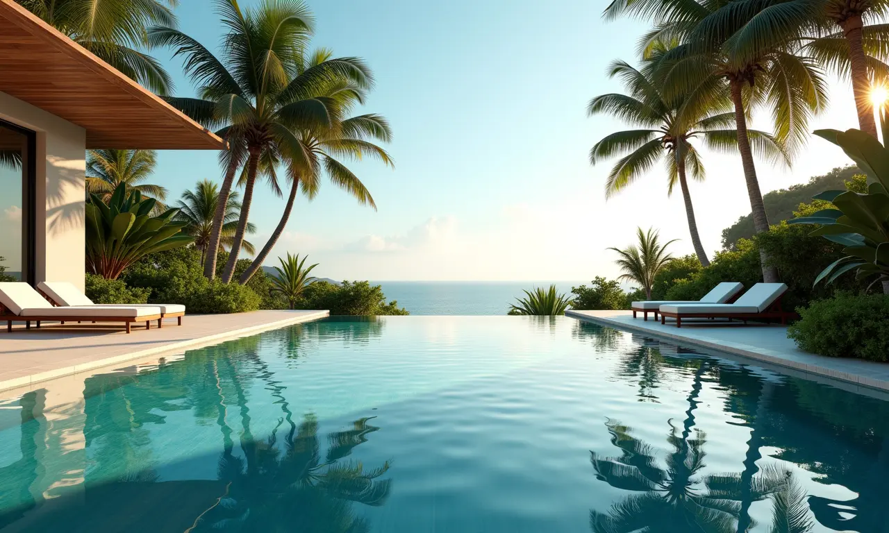 Espelhos para ampliar o espaço da piscina.