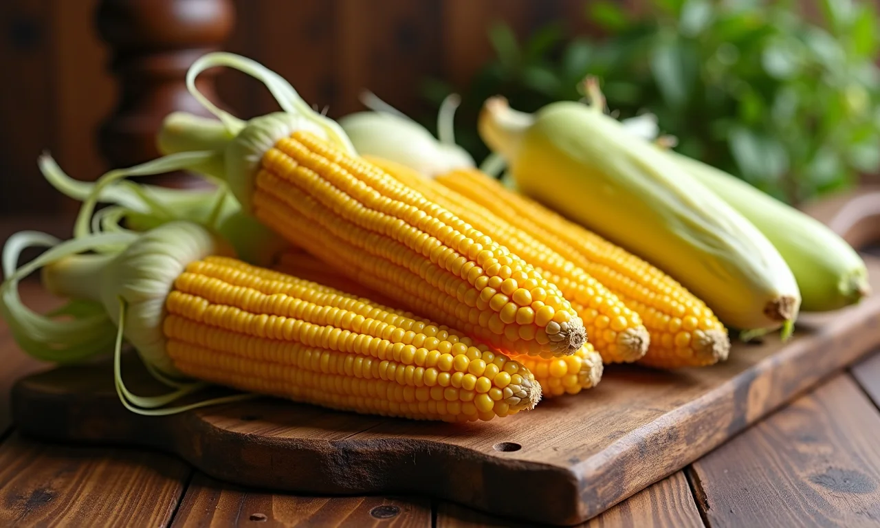 Espigas de milho decorando uma mesa de festa junina.