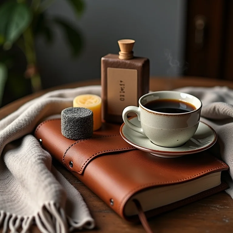 Essenciais de viagem: caderno, sabonetes artesanais, cachecol e café