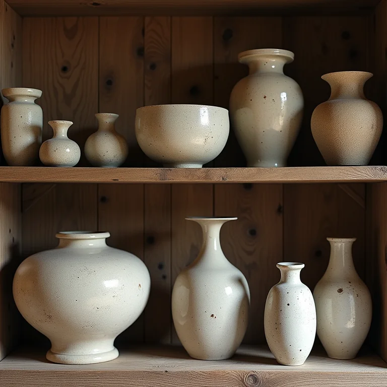 Estante de madeira com vasos e bowls vintage