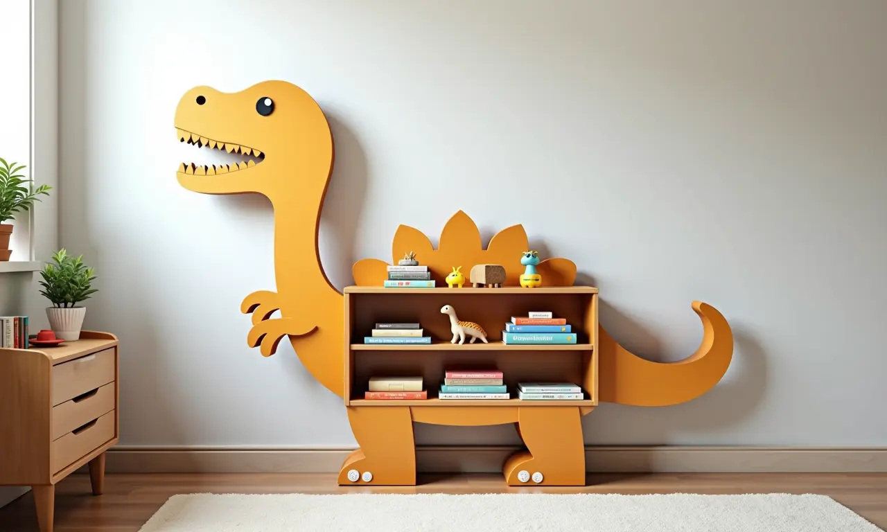 Estante de madeira em formato de dinossauro com livros e brinquedos.