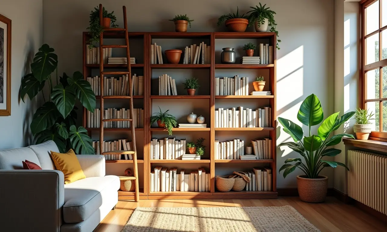 Estante escada em sala aconchegante com decoração rústica e livros.