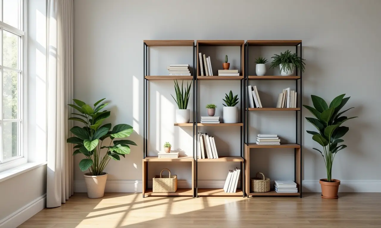 Estante modular flexível e organizada em um escritório.