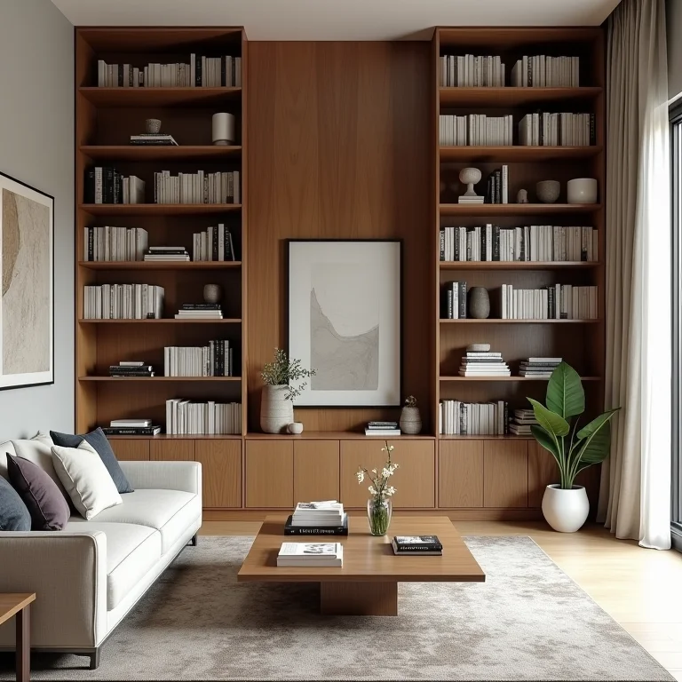 Estantes verticais altas em sala de estar com pé direito duplo