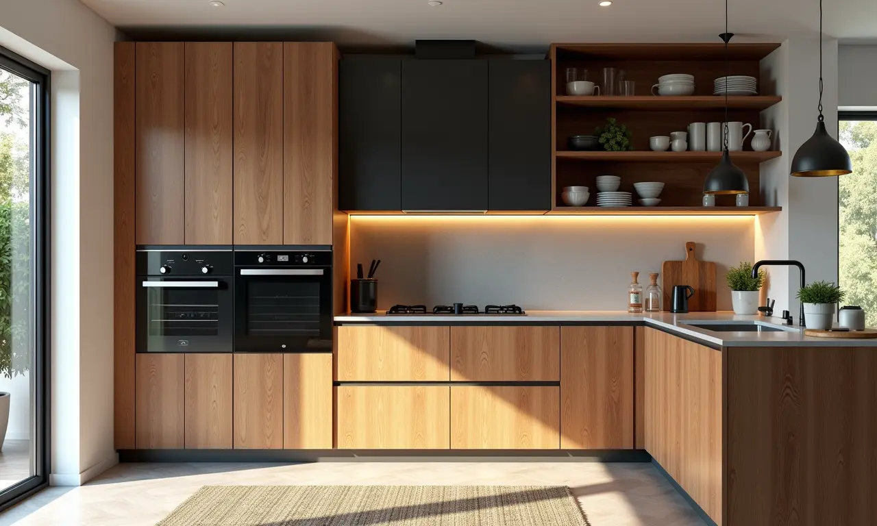 Estilo de cozinha integrada com armários de madeira e texturas variadas.
