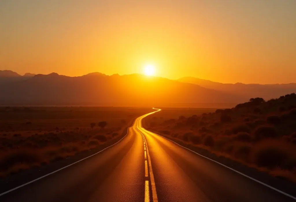 Estrada sinuosa ao pôr do sol, representando liberdade e aventura em viagens rodoviárias.