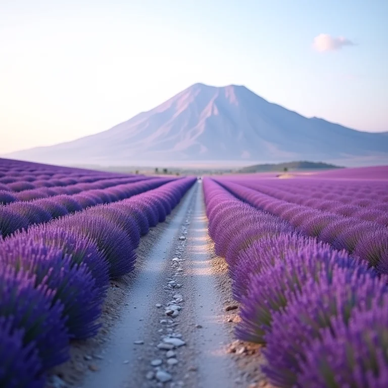 Estrada sinuosa através de um campo de lavanda usando linhas guias