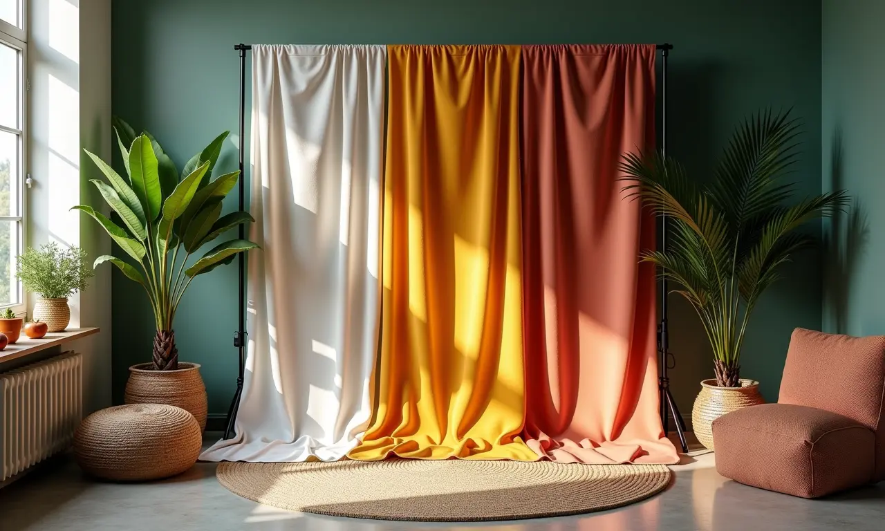 Estúdio de fotografia aconchegante com tecidos e adereços diversos