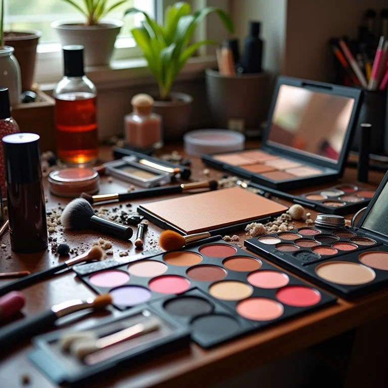 Estúdio de maquiagem desorganizado.