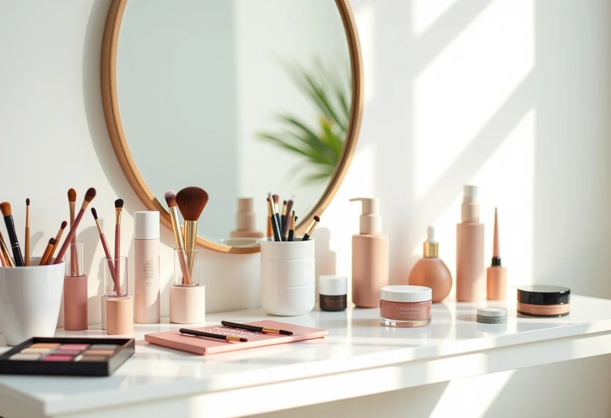 Estúdio de maquiagem profissional com iluminação e organização impecáveis