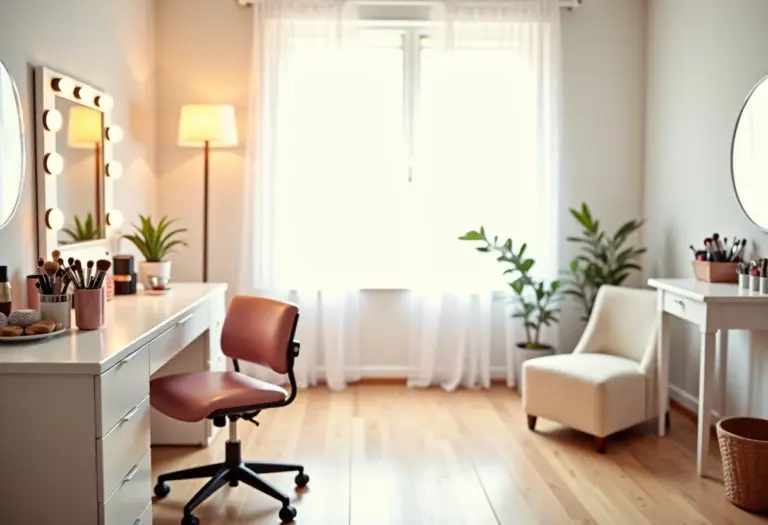 Estúdio de maquiagem profissional com iluminação natural e ambiente organizado.