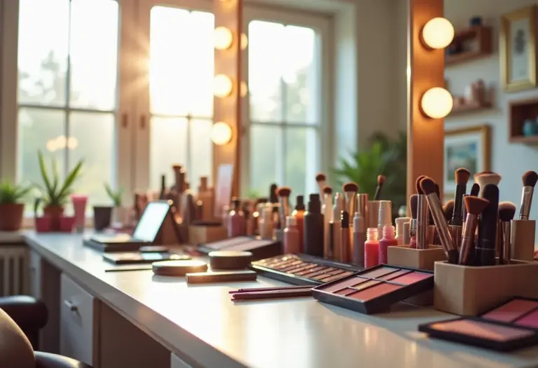 Estúdio de maquiagem profissional com iluminação natural e organização impecável