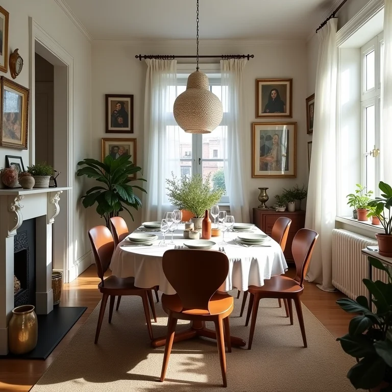 Excesso de objetos decorativos em uma sala de jantar pequena