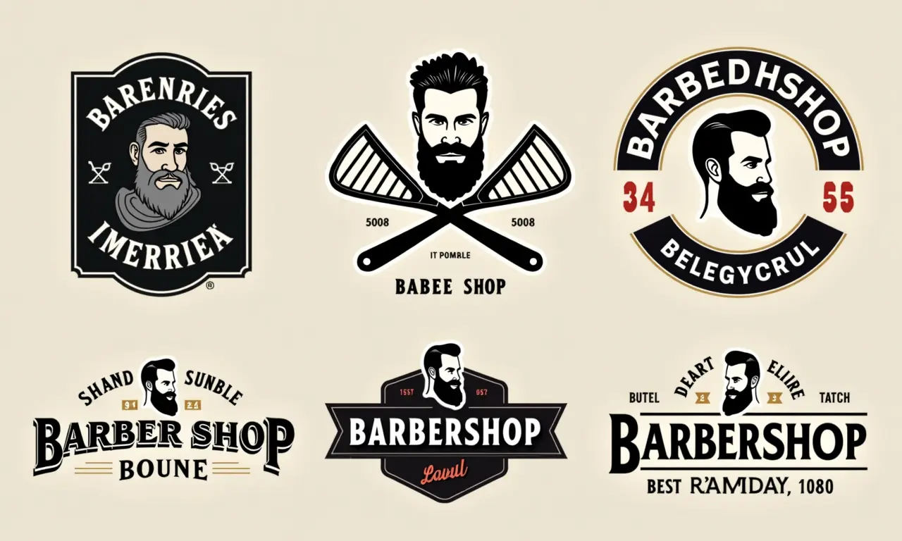 Exemplos de logotipos de barbearia com diferentes estilos.