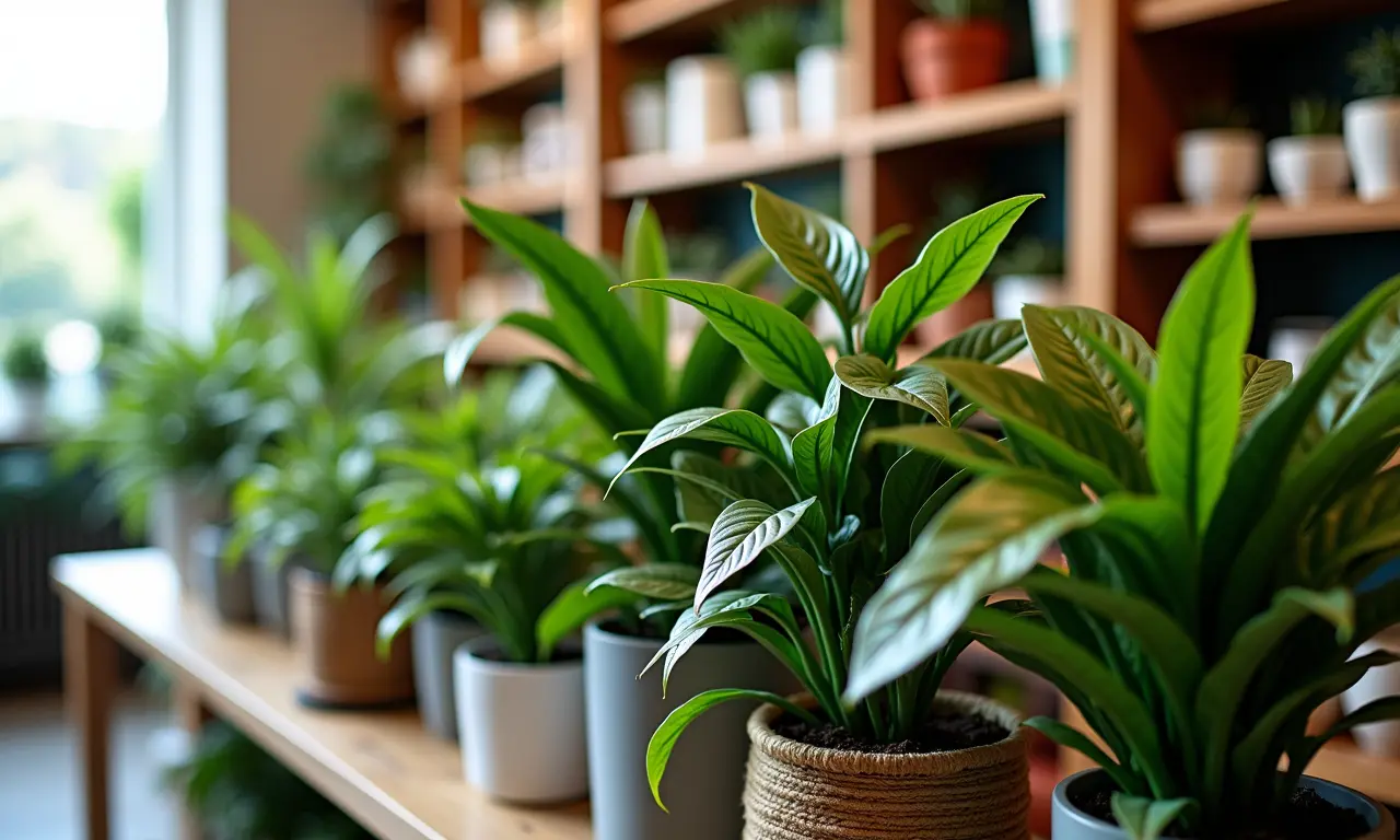 Exposição de diversas plantas artificiais em uma loja de decoração.