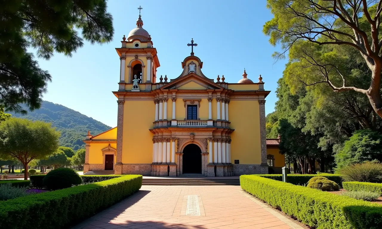 Exterior da Igreja de São Francisco de Assis em Ouro Preto, com jardim exuberante.