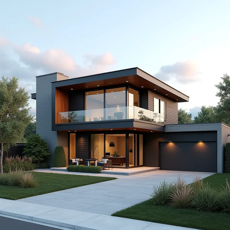 Exterior de uma casa moderna com pé direito duplo, localizada em um bairro desejável.