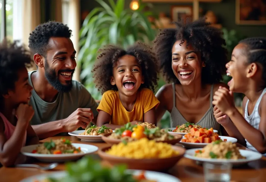 Família brasileira reunida em volta de uma mesa farta de comida típica