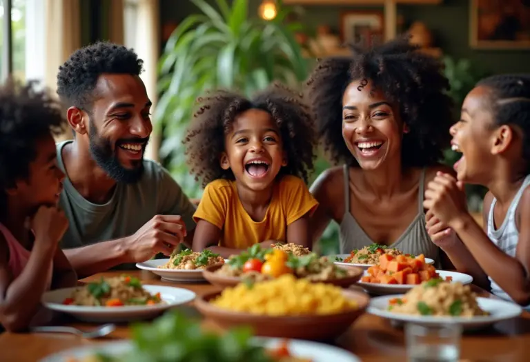 Família brasileira reunida em volta de uma mesa farta de comida típica