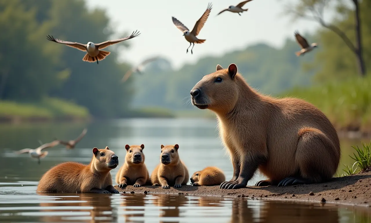 Família de capivaras relaxando na margem do rio no Pantanal.