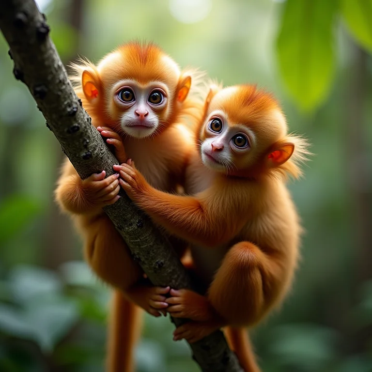 Família de micos-leões-dourados agarrados a um galho