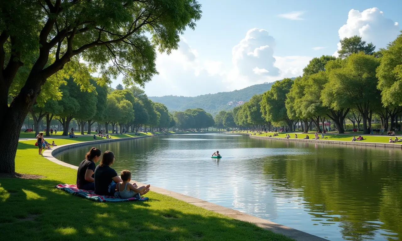 Família relaxando no Balneário Municipal de São Pedro, dia ensolarado e ambiente tranquilo.