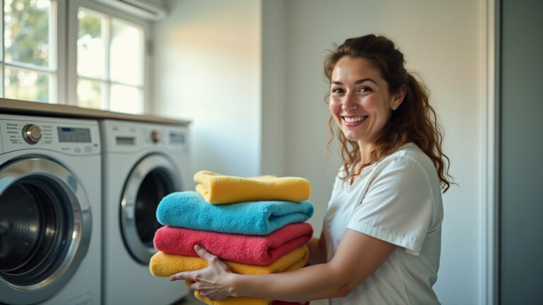 Mulher sorrindo lavando toalhas coloridas em máquina de lavar.