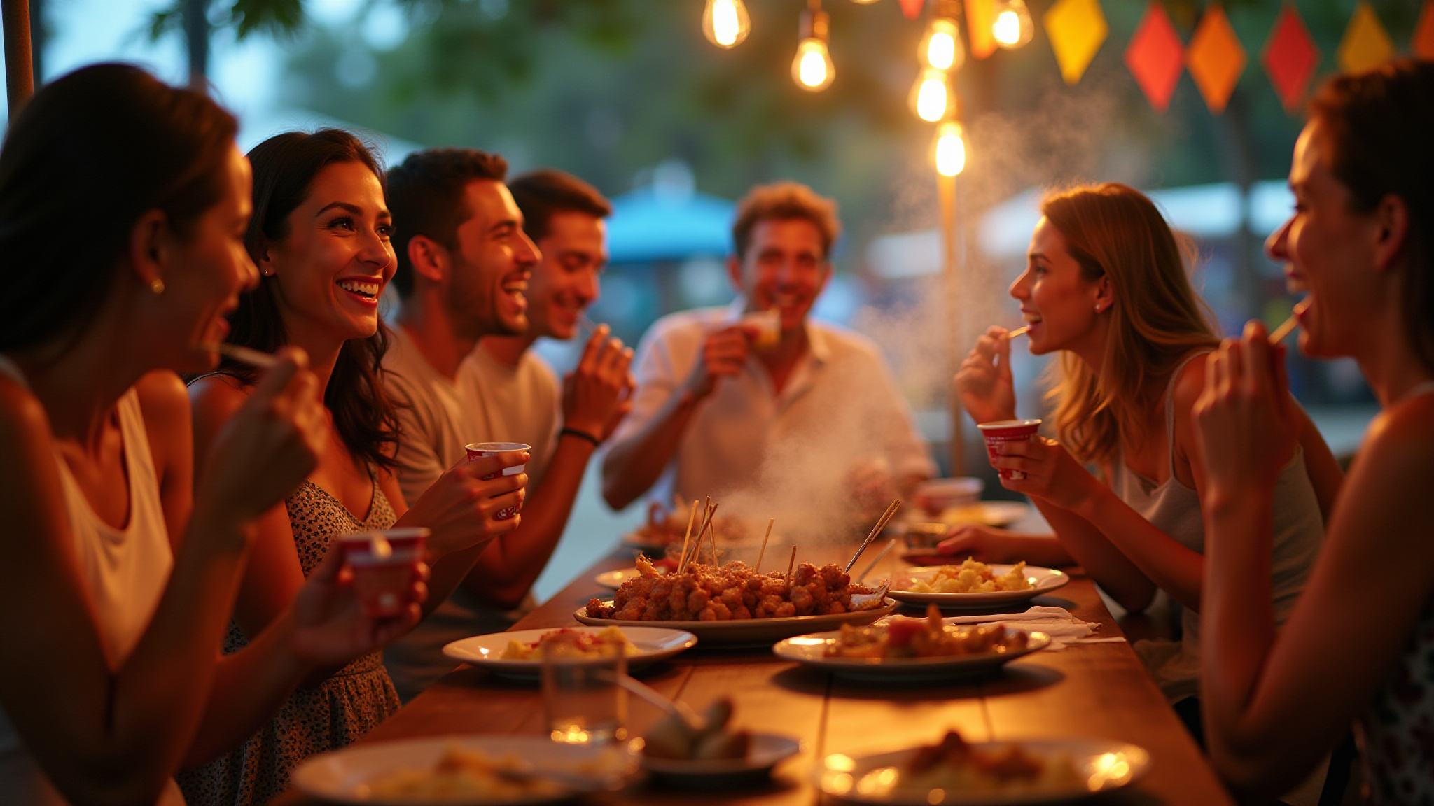 Festa brasileira vibrante com espetinhos sendo servidos e pessoas sorrindo.